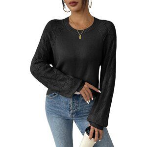 Zeagoo Women Black Crew Neck Eyelet Long Sleeve Casual Kint Pullover Sweaters